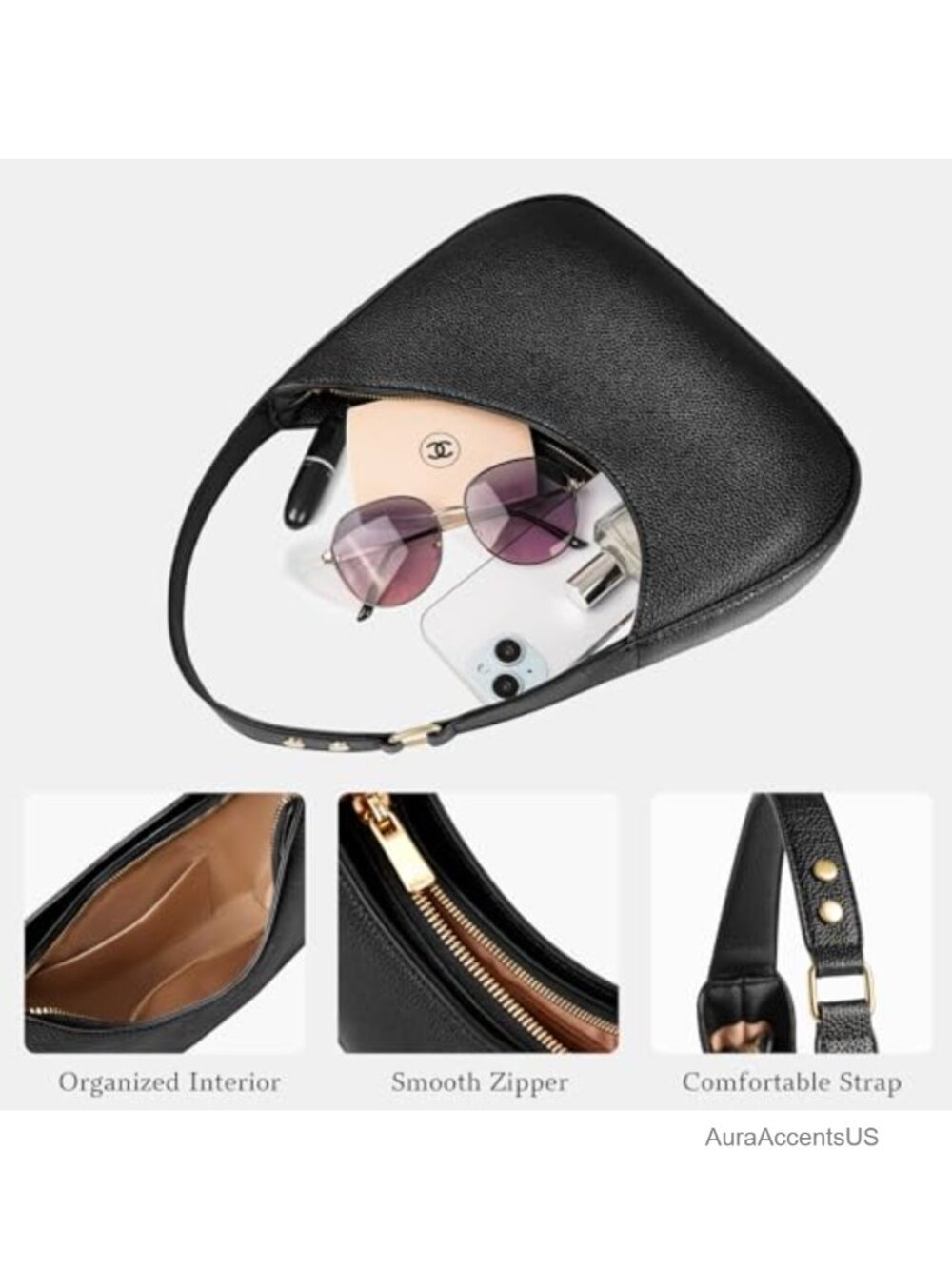 PU Leather Crescent Shoulder Bag with Zipper, Mini Handbag - Picture 5 of 6